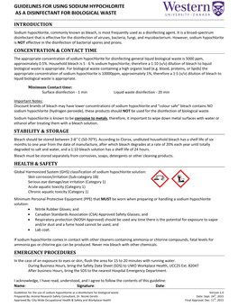 Guidelines for the Use of Sodium Hypochlorite As a Disinfectant for Biological Waste Version 1.0 Prepared By: Animal Research Safety Consultant, Dr