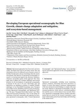 Developing European Operational Oceanography for Blue Growth, Climate Change Adaptation and Mitigation, and Ecosystem-Based Management