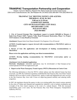 TRANSPAC Transportation Partnership and Cooperation Clayton, Concord, Martinez, Pleasant Hill, Walnut Creek and Contra Costa County 2300 Contra Costa Boulevard, Ste