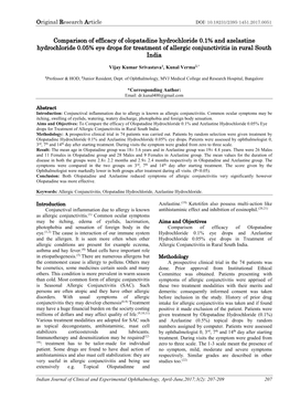 Comparison of Efficacy of Olopatadine Hydrochloride 0.1% and Azelastine Hydrochloride 0.05% Eye Drops for Treatment of Allergic Conjunctivitis in Rural South India