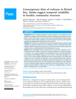 Contemporary Diets of Walruses in Bristol Bay, Alaska Suggest Temporal Variability in Benthic Community Structure