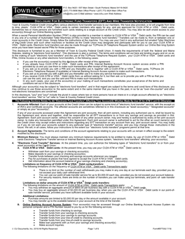 (EFT) and WIRE TRANSFER NOTIFICATION Town & Country Federal Credit Union® Offers Various Electronic Fund Transfer Services to Our Members