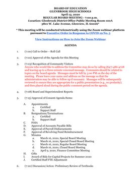 BOARD of EDUCATION GLENBROOK HIGH SCHOOLS April 13, 2020 REGULAR BOARD MEETING - 7:00 P.M