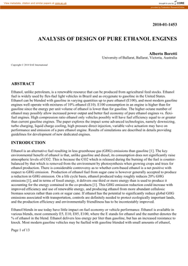 Analysis of Design of Pure Ethanol Engines