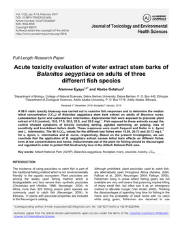 Acute Toxicity Evaluation of Water Extract Stem Barks of Balanites Aegyptiaca on Adults of Three Different Fish Species