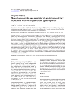 Original Article Thrombocytopenia As a Predictor of Acute Kidney Injury in Patients with Emphysematous Pyelonephritis