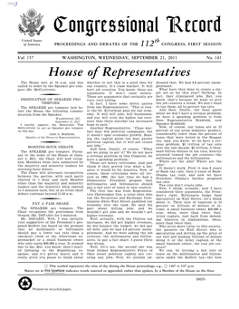 Congressional Record United States Th of America PROCEEDINGS and DEBATES of the 112 CONGRESS, FIRST SESSION