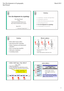 New Developments in Cryptology Outline Outline Block Ciphers AES