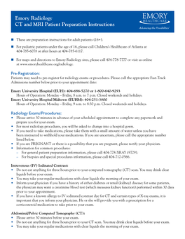 Emory Radiology CT and MRI Patient Preparation Instructions