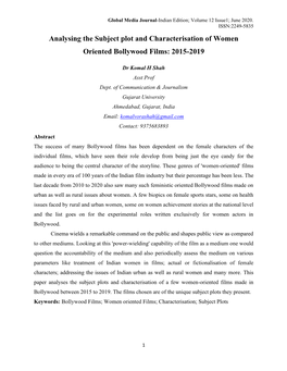 Analysing the Subject Plot and Characterisation of Women Oriented Bollywood Films: 2015-2019