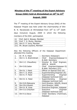 Minutes of the 7Th Meeting of the Expert Advisory Group (EAG) Held at Ahmedabad on 10Th to 13Th August, 2009