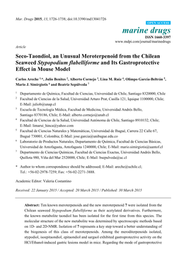 Seco-Taondiol, an Unusual Meroterpenoid from the Chilean Seaweed Stypopodium Flabelliforme and Its Gastroprotective Effect in Mouse Model