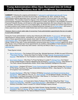 Trump Administration Allies Have Burrowed Into 24 Critical Civil Service Positions and 187 Last-Minute Appointments