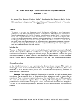 We Would Like to Thank WSGC and Dr. William Farrow for Making This Project Possible 2015 WSGC Elijah High-Altitude Balloon Paylo