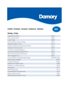 Colehill - Ferndown - Verwood - Cranbourne - Salisbury 302