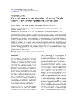 Original Article Potential Biomarkers of Idiopathic Pulmonary Fibrosis Discovered in Serum by Proteomic Array Analysis