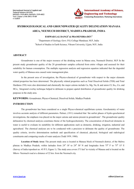 Hydrogeological and Groundwater Quality Delineation Manasa Area, Neemuch District, Madhya Pradesh, India