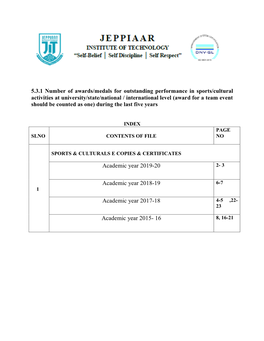 5.3.1 Number of Awards/Medals for Outstanding Performance in Sports/Cultural Activities at University/State/National / Internati