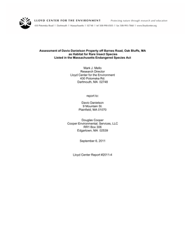 Assessment of Davio Danielson Property Off Barnes Road, Oak Bluffs, MA As Habitat for Rare Insect Species Listed in the Massachusetts Endangered Species Act