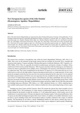 New European Bee Species of the Tribe Osmiini (Hymenoptera: Apoidea: Megachilidae)