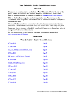 West Oxfordshire District Council Election Results 1998 to 2010