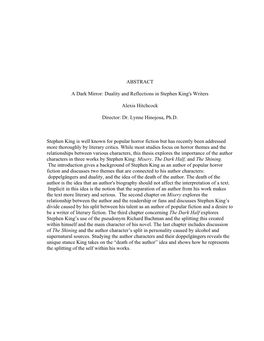 Duality and Reflections in Stephen King's Writers Alexis Hitchcock