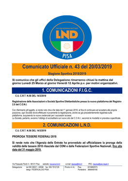 Comunicato Ufficiale N. 43 Del 20/03/2019