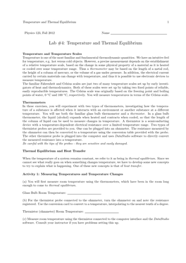 Lab #4: Temperature and Thermal Equilibrium