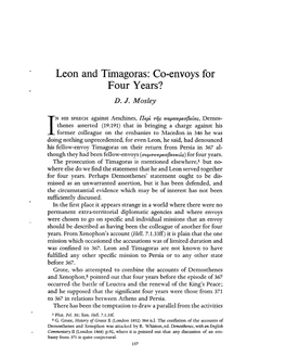 Leon and Timagoras: Co-Envoys for Four Years? Mosley, D J Greek, Roman and Byzantine Studies; Summer 1968; 9, 2; Proquest Pg