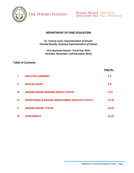 DEPARTMENT of DINÉ EDUCATION Table of Contents