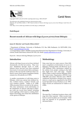 Recent Records of African Wild Dogs (Lycaon Pictus) from Ethiopia