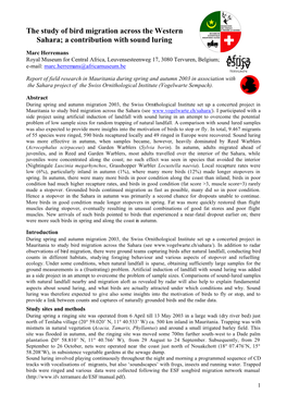 The Study of Bird Migration Across the Western Sahara; a Contribution with Sound Luring