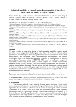 Individual Variability of Venom from the European Adder (Vipera Berus Berus) from One Locality in Eastern Hungary