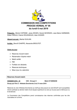 COMMISSION DES COMPETITIONS PROCES VERBAL N° 06 Du Lundi 6 Mai 2019