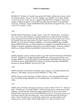Wills P-S, Staffordshire 1837 SHARRATT, Abraham, of Tunnalls