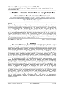 TERPENES : Structural Classification and Biological Activities