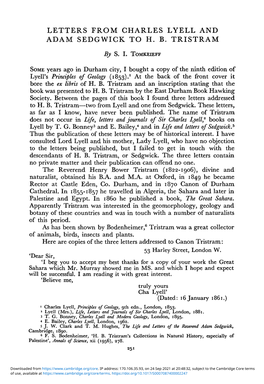 Letters from Charles Lyell and Adam Sedgwick to H. B. Tristram