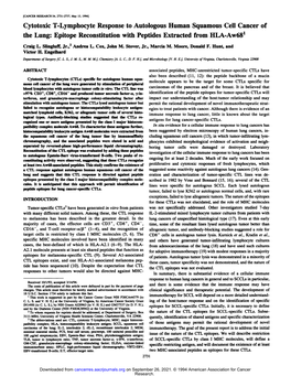 Cytotoxic T-Lymphocyte Response to Autologous Human Squamous Cell Cancer of the Lung: Epitope Reconstitution with Peptides Extracted from HLA-Aw68'