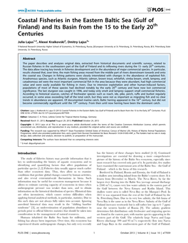 Coastal Fisheries in the Eastern Baltic Sea (Gulf of Finland) and Its Basin from the 15 to the Early 20Th Centuries