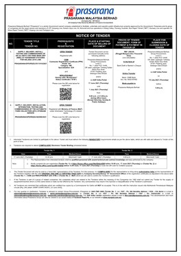 Notice of Tender Prices of Tender Place for Tender Title Prerequisite Place & Starting Document, Form of Submission & No