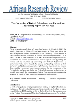 507 the Conversion of Federal Polytechnics Into Universities: The