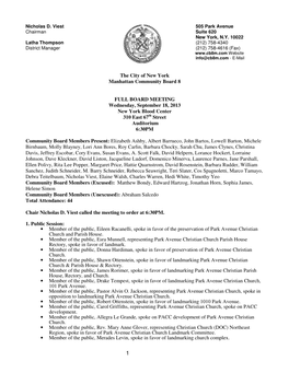 The City of New York Manhattan Community Board 8 FULL BOARD MEETING Wednesday, September 18, 2013 New York Blood Center 310 East