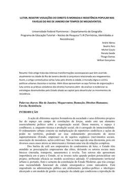 Violações Do Direito À Moradia E Resistência Popular Nas Favelas Do Rio De Janeiro Em Tempos De Megaeventos