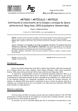 ARTIGO / ARTÍCULO / ARTICLE Contribución Al Conocimiento De La Biología Y Corología De Dyscia Distinctaria (A