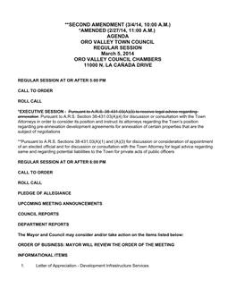 SECOND AMENDMENT (3/4/14, 10:00 A.M.) *AMENDED (2/27/14, 11:00 A.M.) AGENDA ORO VALLEY TOWN COUNCIL REGULAR SESSION March 5, 2014 ORO VALLEY COUNCIL CHAMBERS 11000 N