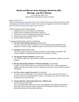 Books and Movies About Asperger Syndrome (AS), Marriage, and AS in Women by Eva Mendes, LMHC, NCC Asperger/Autism Specialist and Couple’S Counselor