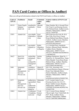 PAN Card Centre Or Offices in Andheri