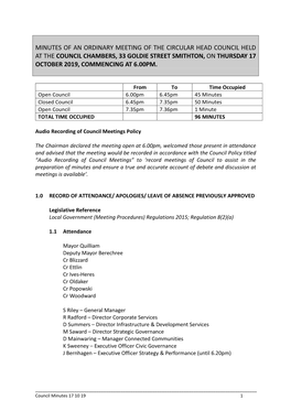 Minutes of an Ordinary Meeting of the Circular Head Council Held at the Council Chambers, 33 Goldie Street Smithton, on Thursday 17 October 2019, Commencing at 6.00Pm