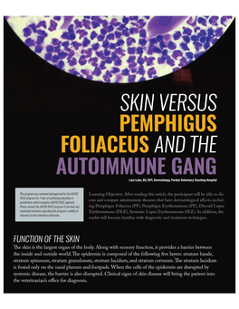 SKIN VERSUS PEMPHIGUS FOLIACEUS and the AUTOIMMUNE GANG Lara Luke, BS, RVT, Dermatology, Purdue Veterinary Teaching Hospital