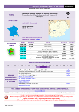 TOURVES – CHEMIN DE FER MINIER DE MAZAUGUES IRSP N°83140.1 Inventaire Des Réseaux Spéciaux Et Particuliers